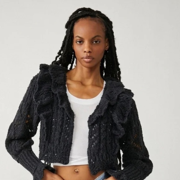 Free People Avery Cardi Knit Ruffle Cropped Cardigan - Black - Size Small - Picture 2 of 15
